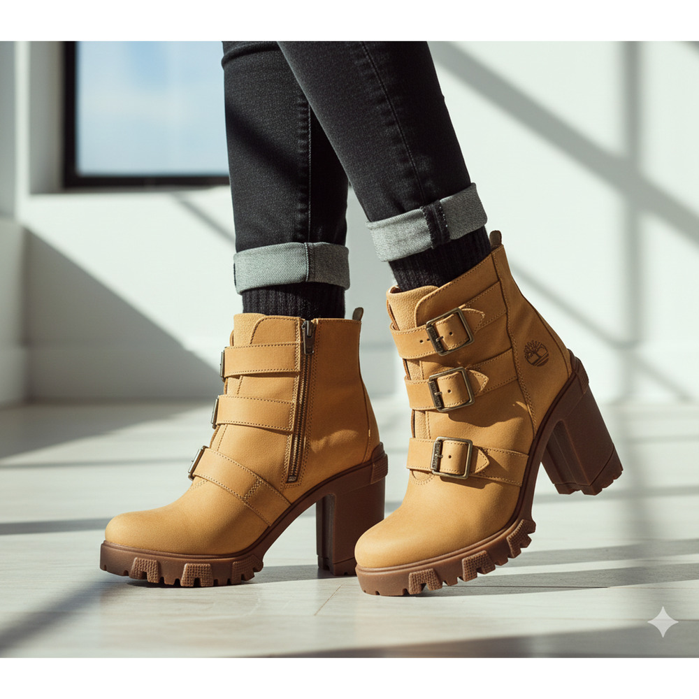 Timberland Lana Point Triple Buckle Boots Wheat Leather Heel Women’s Size 9
